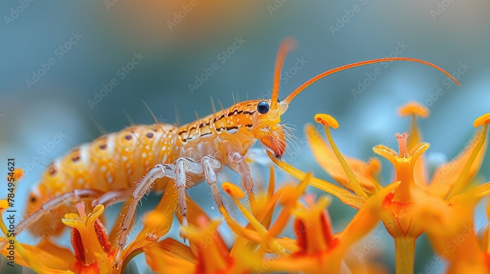 Centipede camouflaged among the fallen petals of a blooming flower, waiting patiently for unsuspecting prey to come within reach.