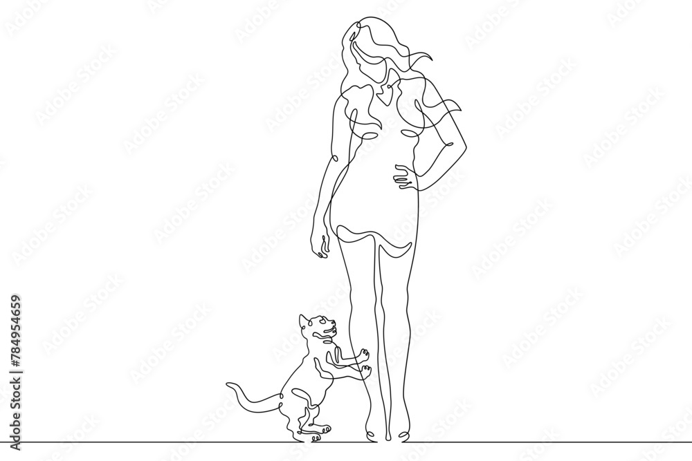 One continuous line.Woman with a cat. Girl plays with a pet. Domestic cat. One continuous line drawn isolated, white background.