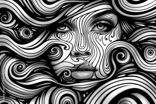 Blackandwhite art style of a womans face with swirls in her hair