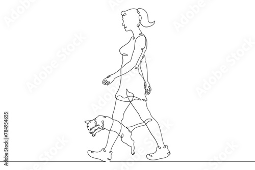 One continuous line.Woman with a cat. Girl plays with a pet. Domestic cat. One continuous line drawn isolated, white background.