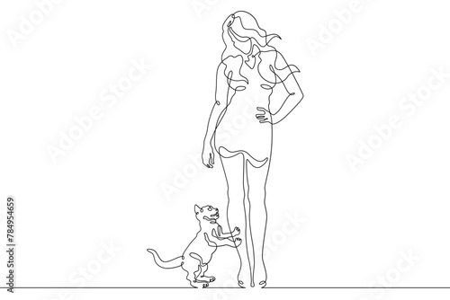 One continuous line.Woman with a cat. Girl plays with a pet. Domestic cat. One continuous line drawn isolated, white background.