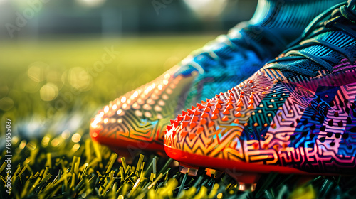 Close-up View of Technologically Advanced Football Cleats on Grass Field: Impacting Game with Grip and Style photo