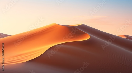 An awe-inspiring desert landscape with sand dunes stretching to the horizon  bathed in the warm glow of the setting sun.
