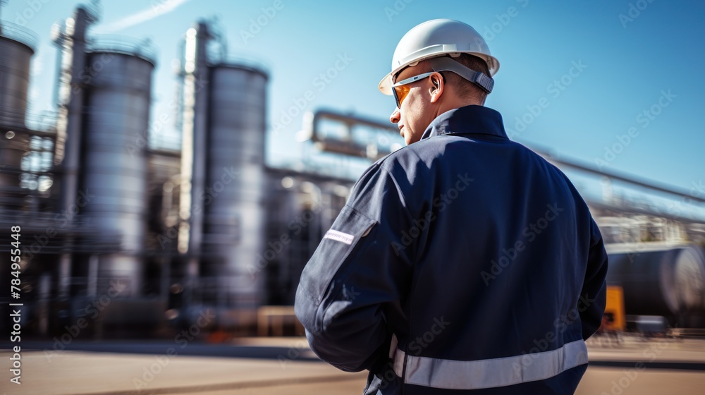 engineer conducting maintenance on a bioenergy facility, surrounded by tanks of biomass feedstock and pipes. engineer conducting maintenance on a bioenergy facility, surrounded by tanks of biomass feedstock and pipes.