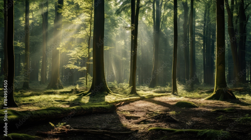 enchanting forest scene with sunlight streaming through the trees, casting dappled shadows on the forest floor