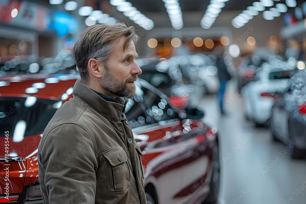 Customer Contemplating Car Choices at Showroom. Concept Car Showroom, Car Options, Customer Decision-making, Salesperson Assistance - obrazy, fototapety, plakaty 