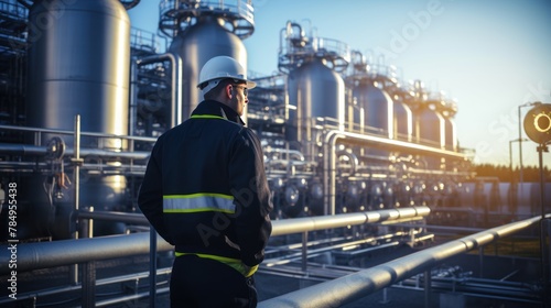 An engineer conducting maintenance on a bioenergy facility, surrounded by tanks of biomass feedstock 