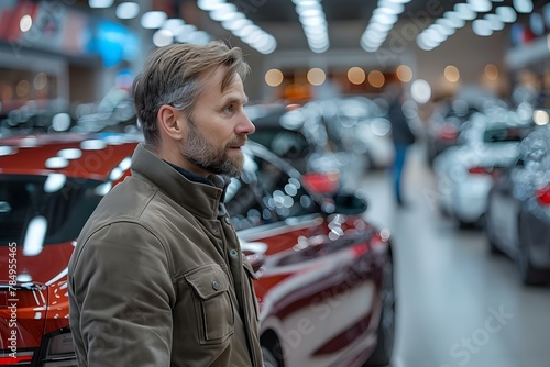 Customer Contemplating Car Choices at Showroom. Concept Car Showroom, Car Options, Customer Decision-making, Salesperson Assistance photo