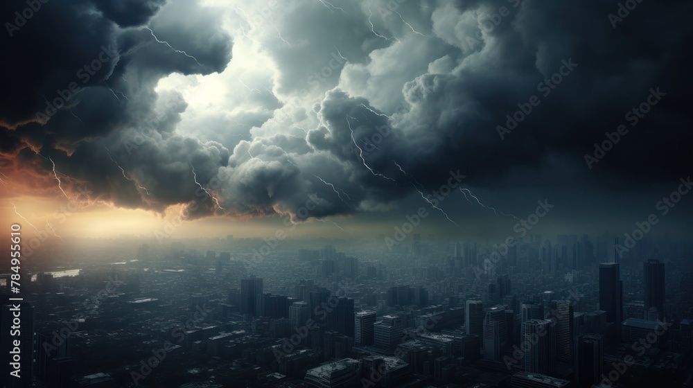 a dark storm cloud looming over a city skyline, representing the uncertainty and gloominess of an economic downturn.