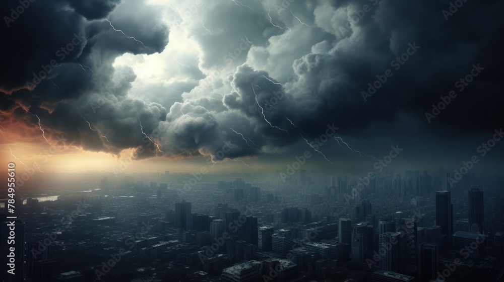 a dark storm cloud looming over a city skyline, representing the uncertainty and gloominess of an economic downturn. a dark storm cloud looming over a city skyline, representing the uncertainty and gloominess of an economic downturn.