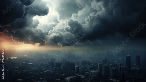 a dark storm cloud looming over a city skyline, representing the uncertainty and gloominess of an economic downturn.