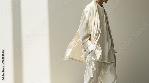 Unrecognized model wearing white natural clothes. Simplicity in fashion concept