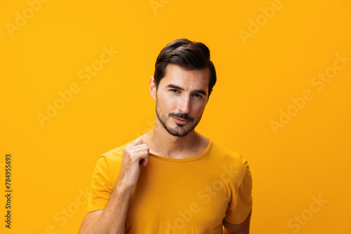 Man gesture lifestyle portrait trendy studio fashion background smiling