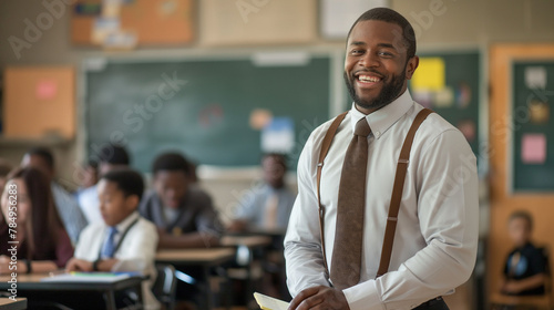 A man in a white shirt and brown tie stands in front of a classroom full of students Scene is positive and welcoming, as the man is a teacher or educator. © Irfan