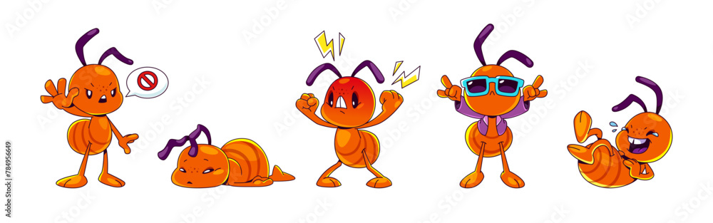Cute ant cartoon character in different poses and face emotions. Comic vector funny brown insect with stop gesture, tired or sad laying on floor, angry with lightnings and laughing, cool in glasses - obrazy, fototapety, plakaty 
