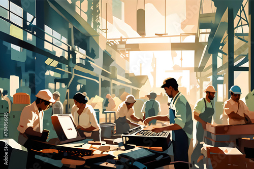 International Labor Day celebration captured in lofi illustration style, featuring workers and a clean and modern factory setting, digital painting photo