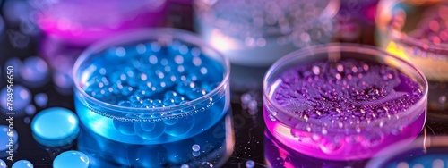 Petri dishes with growing cultures in blue and purple hues, scientific.