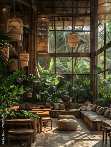 Tropical Resort Lounge with Rattan Furniture and Lush Greenery