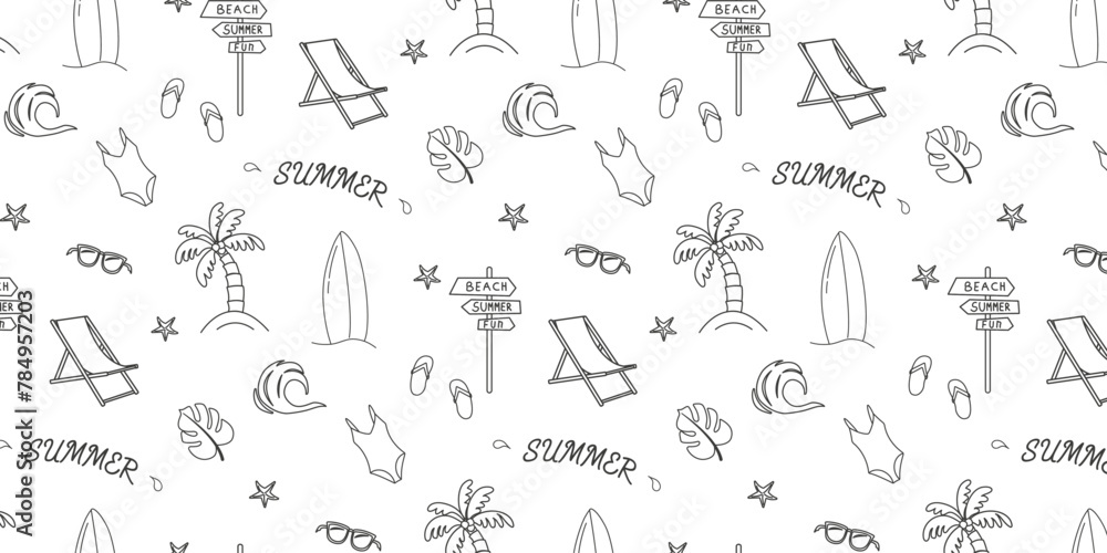 Summer. Hand drawn set of simple icons on white background with summer ...