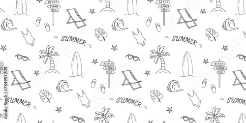 Summer. Hand drawn set of simple icons on white background with summer elements. Collection of cartoon icons with one line in dark color. Vector illustration