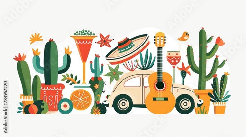 Cinco de mayo holiday illustration with a sombrero, maracas and a tequila bottle as a flat vector design. Mexican fiesta party background with a cactus, guitar and music notes elements