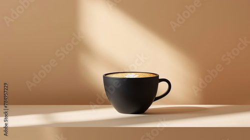 A black coffee mug on a table with warm light creating soft shadows.