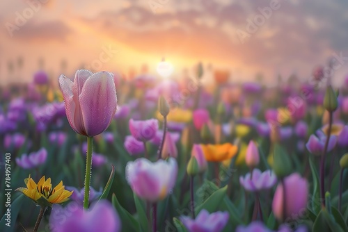 background wallpaper landscape of Beautiful tulip flowers in the field with a sunset #784957403