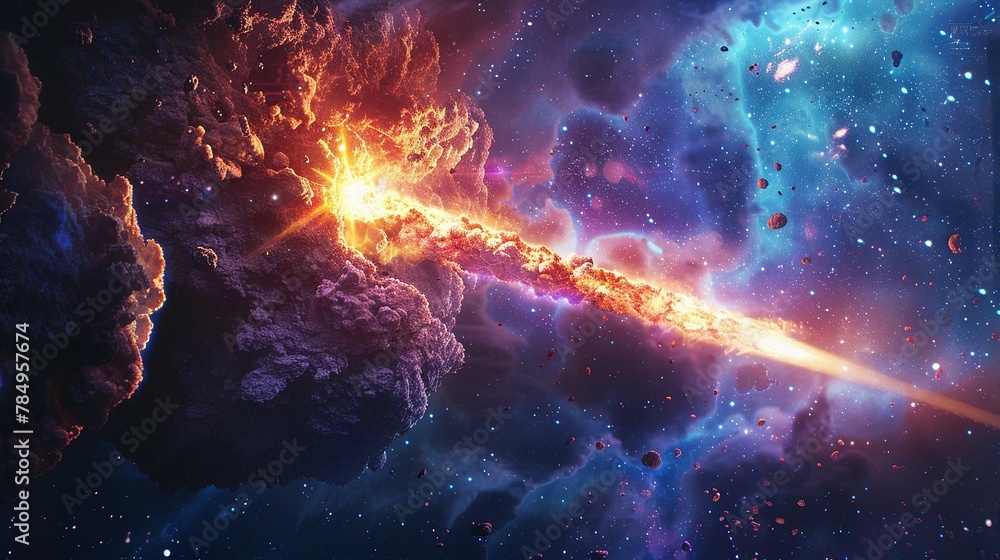 Naklejka premium Space abstract background, burning comet, flash, laser through the stone, bright colors