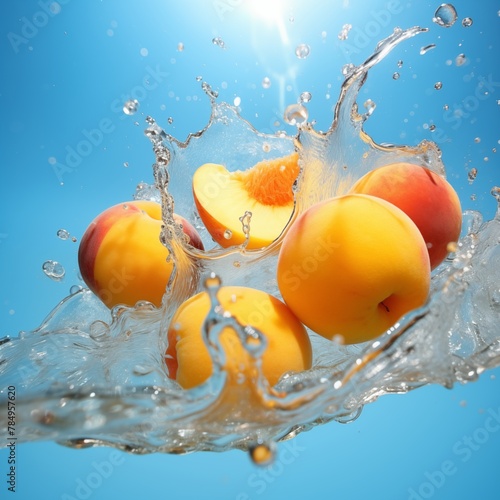 Ripe Peaches Splashing into Water Against a Sunny Blue Sky