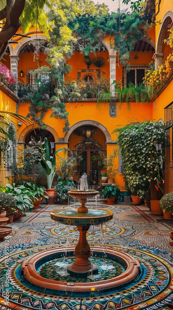 Fototapeta premium A courtyard in Mexico City with colorful tiles and fountains, surrounded by arches and plants. Cinco de Mayo celebration idea. 