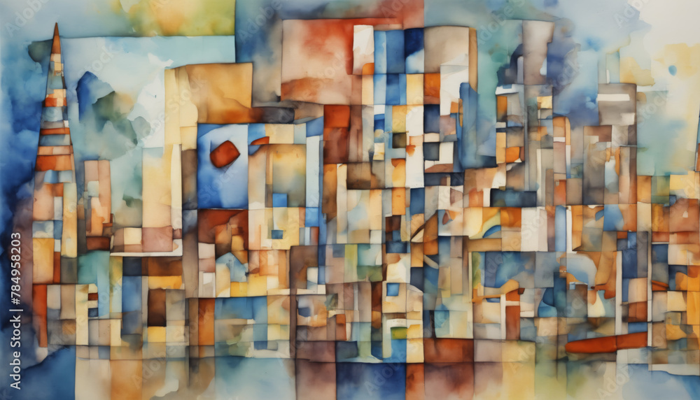 Watercolor Abstract with Geometric City Reflection
