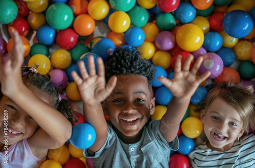 Photo of children playing in ball pit at indoor playground, top view, three kids laying on the ground with their hands up reaching for camera