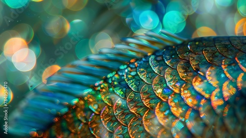 Fish scales, shimmering close-up, eye-level view, macro ocean glitter, underwater sunbeam 