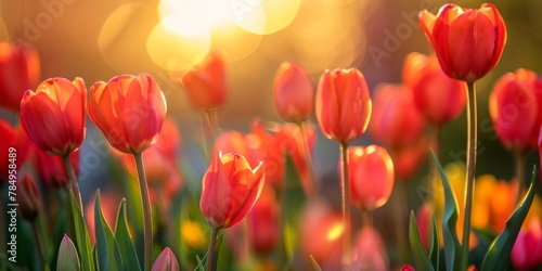 Vibrant red tulips reaching towards the setting sun's light, with a warm, glowing sunset in the background. #784958489