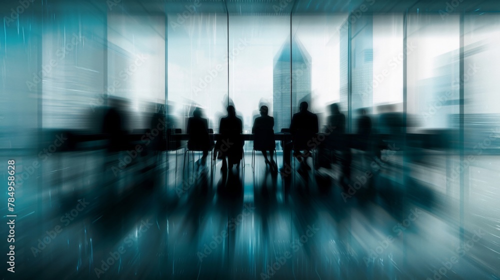 Blurred silhouette of a corporate team in a meeting with a futuristic city backdrop.