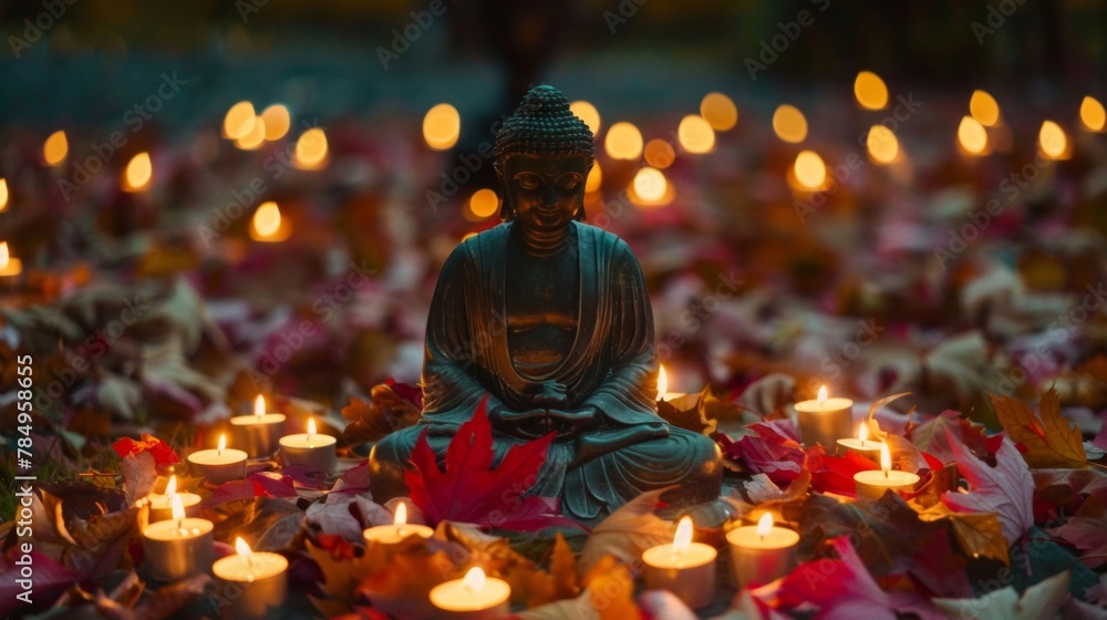 A Buddha statue in meditation surrounded by autumn leaves and candles.