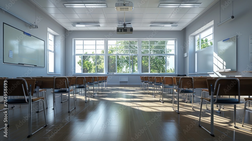 A modern classroom with desks, chairs, and a whiteboard is empty A modern classroom with desks, chairs, and a whiteboard is empty