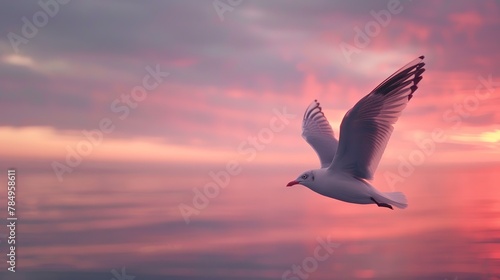 Single seagull  vast sky  close-up  eye-level  essence of freedom  dawn s first light