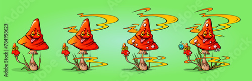 Trippy psychedelic mushroom art vector illustration. Magic groovy psilocybin drawing. Vintage 70s fantasy and hallucination fungus design. 1960s crazy fluorescent mascot set. Drug plant in acid dream
