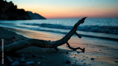 Driftwood silhouette  sandy beach  close-up  eye-level view  minimalist nature art  twilight