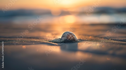 Tiny shell in sand, close-up, low angle, solitary beauty, minimalist beach, morning light 