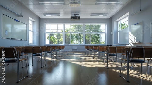 A modern classroom with desks, chairs, and a whiteboard is empty
