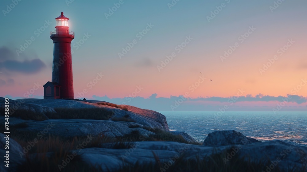 Distant lighthouse, clear sky, close-up, ground-level camera, guiding solitude, dusk's embrace