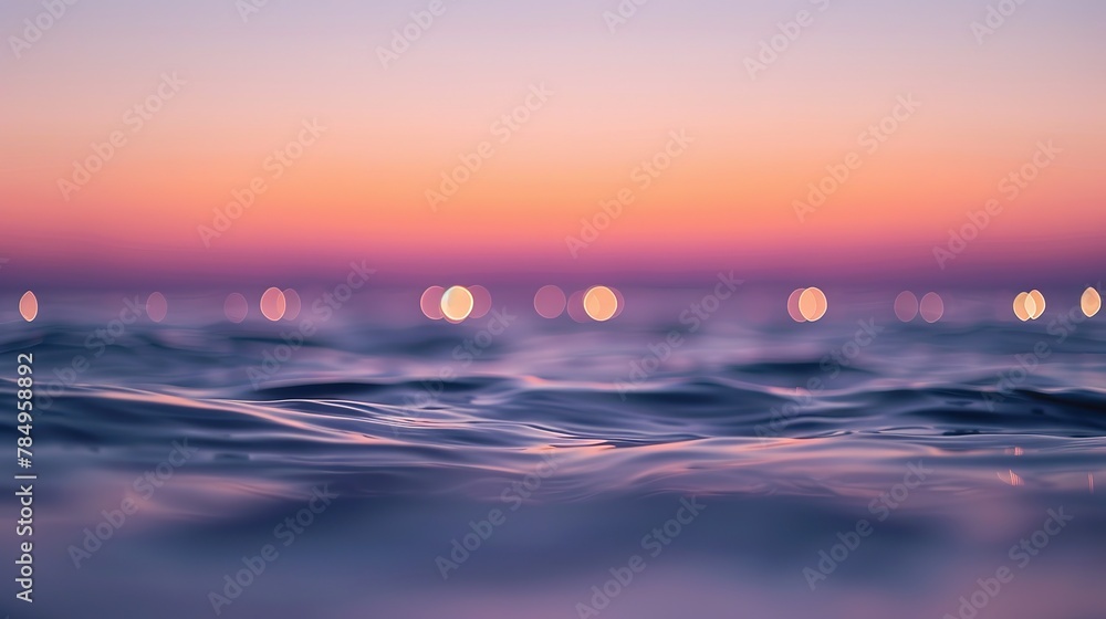 Fishing lights on horizon, dusk, close-up, low angle, distant bokeh, ocean twilight 