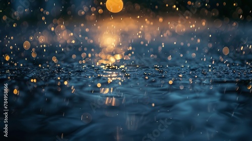 Raindrops on ocean surface, close-up, straight-on angle, shimmering bokeh, peaceful storm