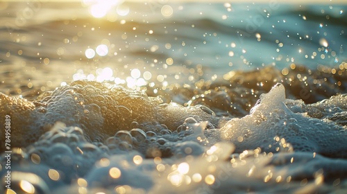 Sparkling sea foam, close-up, eye-level view, daylight diamonds, bokeh ocean caress