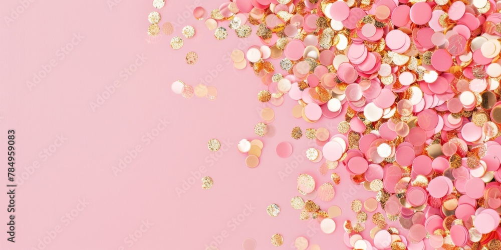 Festive pink and gold confetti scattered on a light pink background, celebrating joy. Festive pink and gold confetti scattered on a light pink background, celebrating joy.