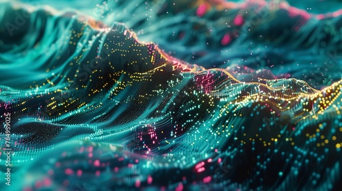 Cybernetic waves, digital ocean, close-up, low angle, neon currents, pixelated spray