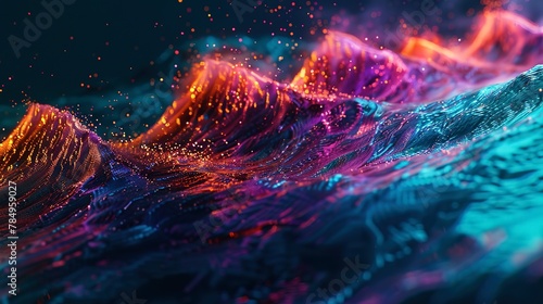 Cybernetic waves, digital ocean, close-up, low angle, neon currents, pixelated spray 