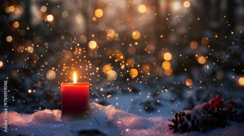 A single candle burns brightly against a snowy winter backdrop, evoking warmth and serenity.